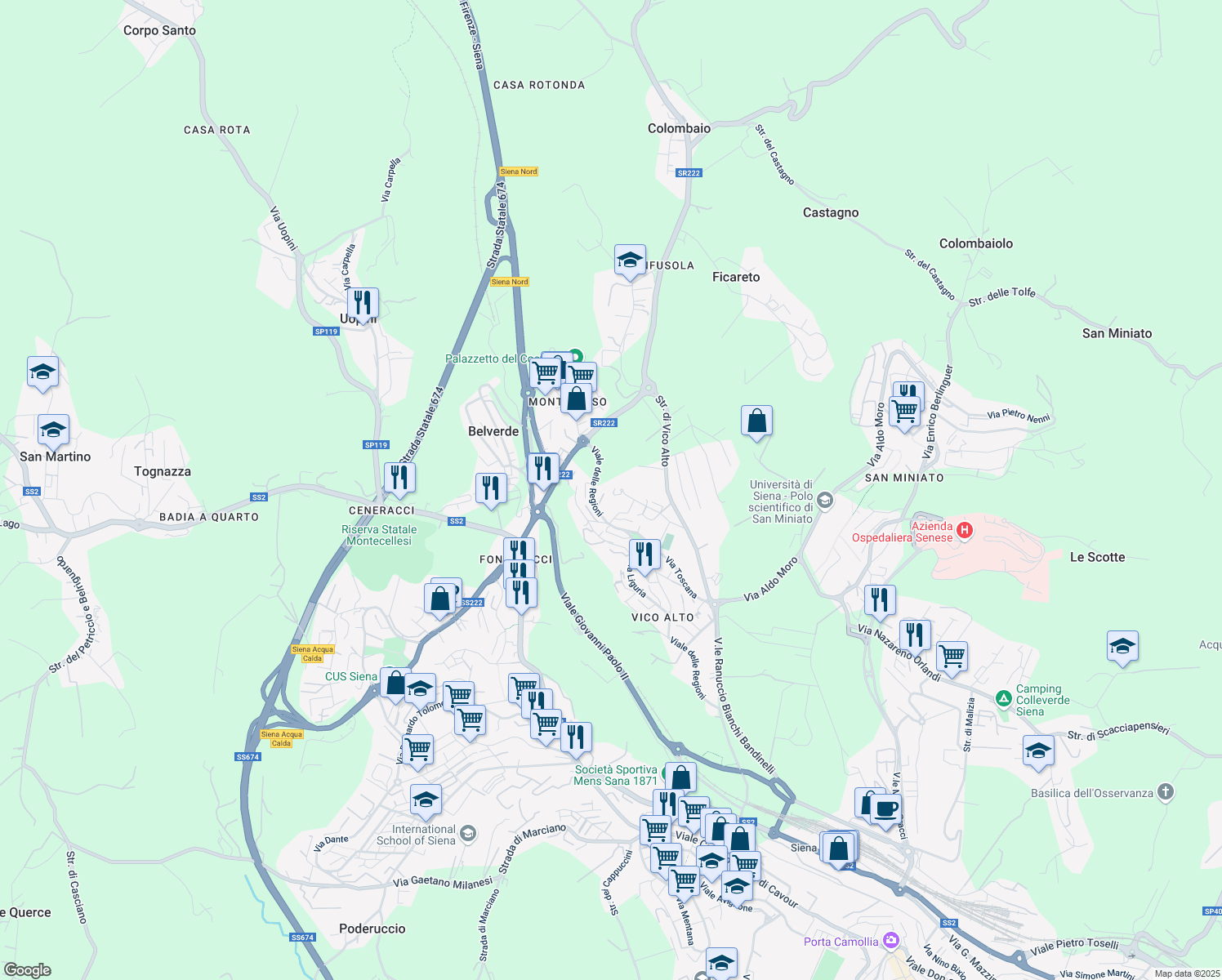 map of restaurants, bars, coffee shops, grocery stores, and more near 39 Via Sicilia in Siena