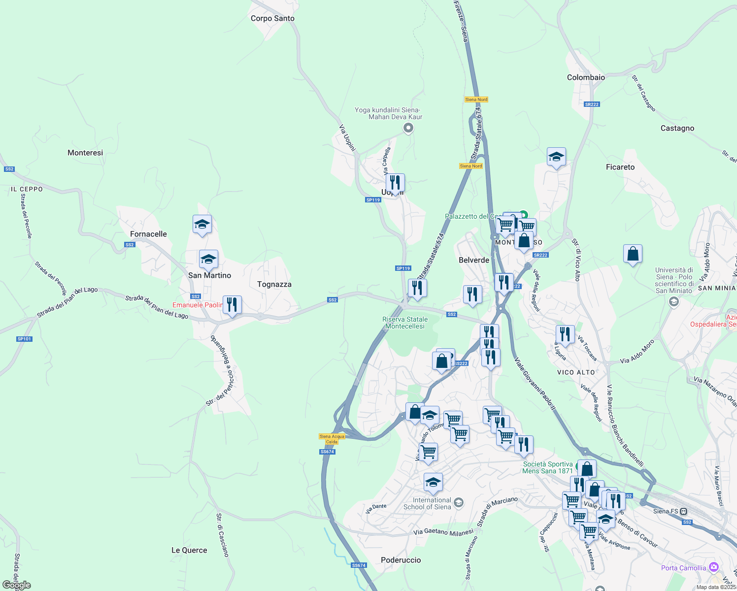 map of restaurants, bars, coffee shops, grocery stores, and more near Via dei Gerani in San Dalmazio
