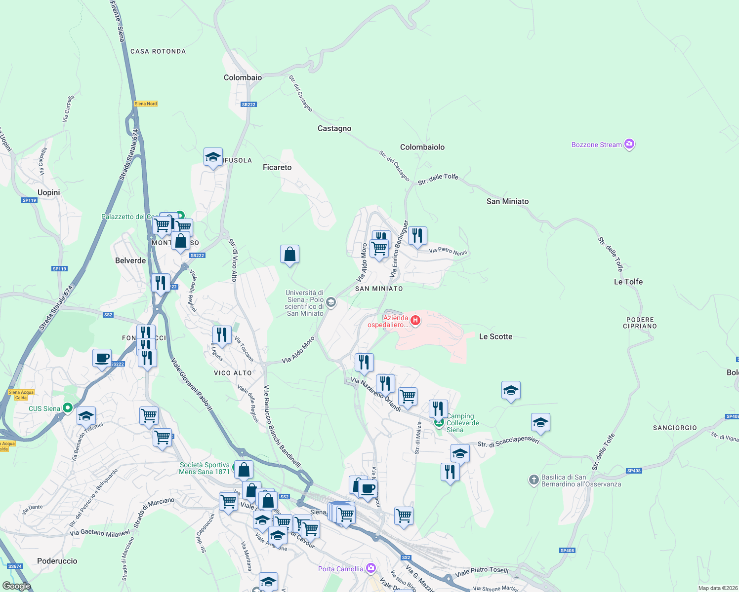 map of restaurants, bars, coffee shops, grocery stores, and more near 21 Via Bruno Buozzi in Siena