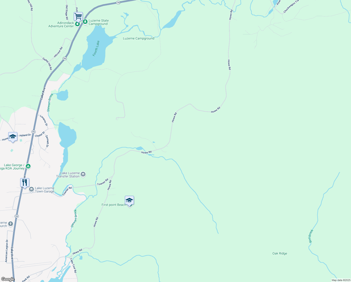 map of restaurants, bars, coffee shops, grocery stores, and more near 350 Howe Road in Lake Luzerne