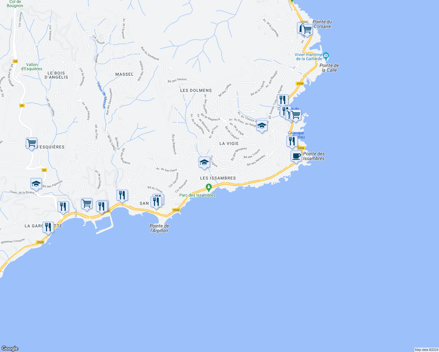 map of restaurants, bars, coffee shops, grocery stores, and more near 129 Avenue de Provence in Roquebrune-sur-Argens
