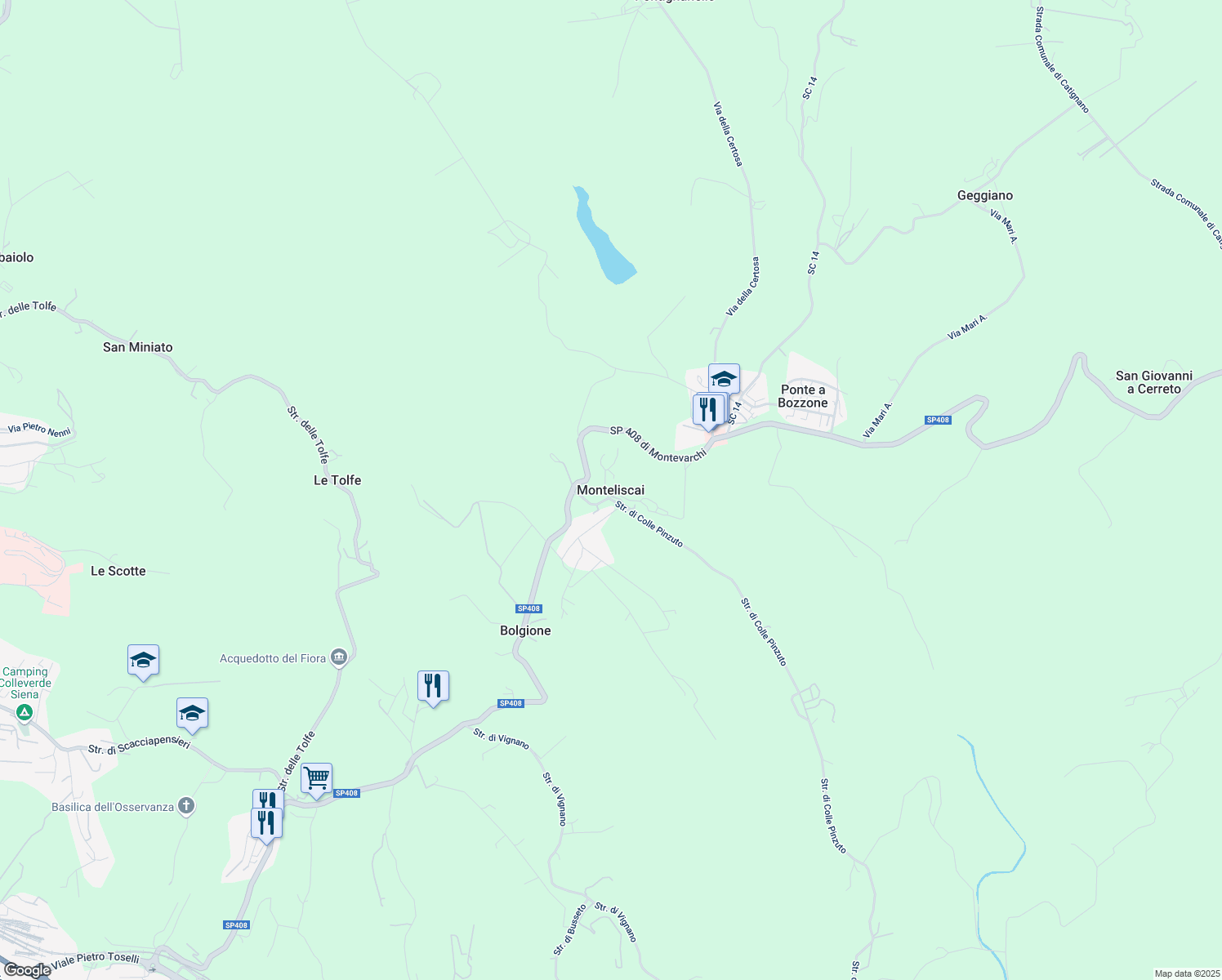 map of restaurants, bars, coffee shops, grocery stores, and more near 7 Strada di Colle Pinzuto in Siena