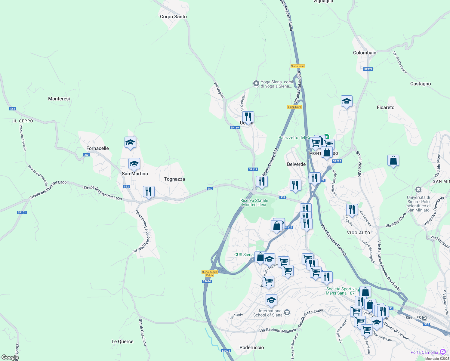 map of restaurants, bars, coffee shops, grocery stores, and more near Via dei Gerani in San Dalmazio