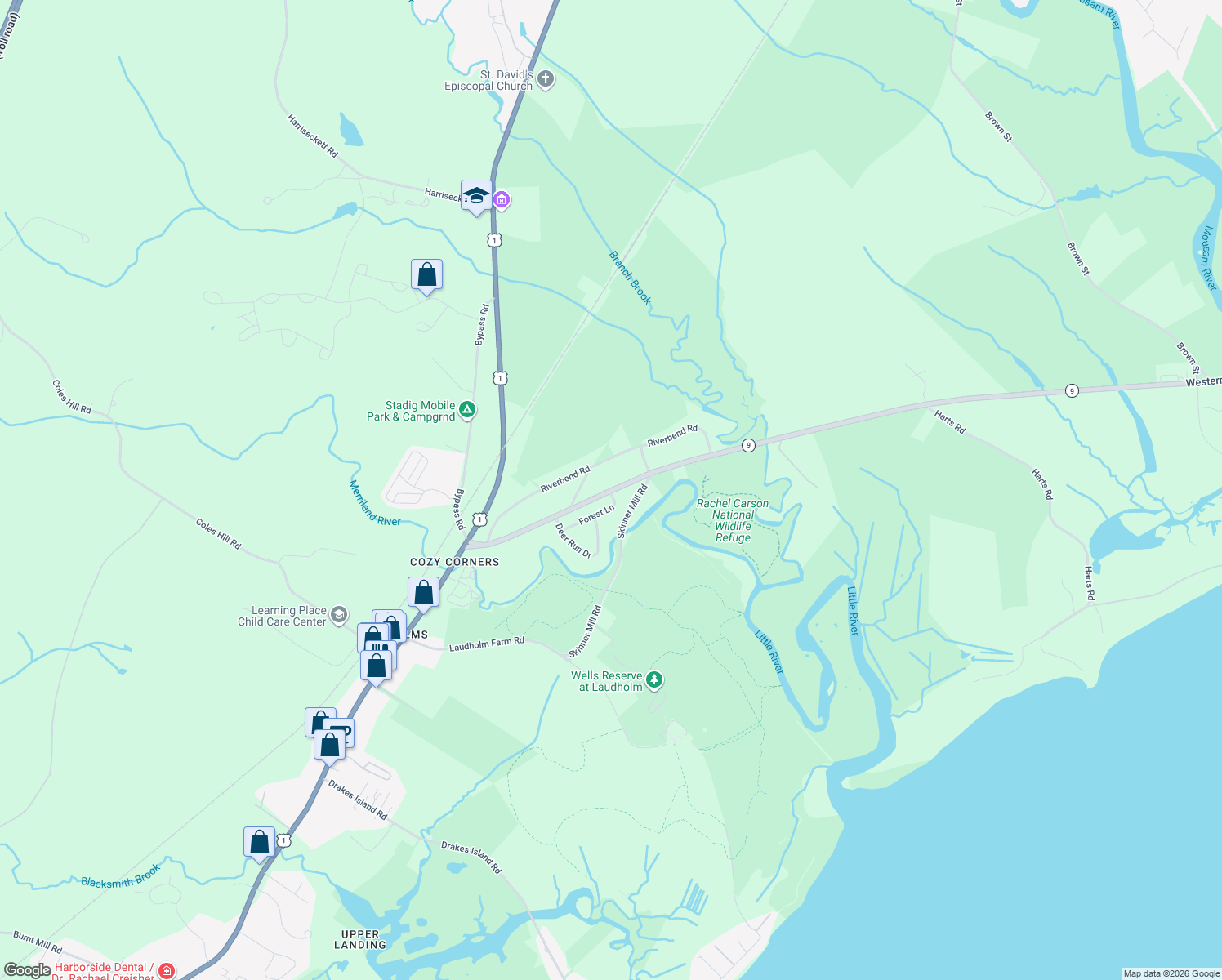 map of restaurants, bars, coffee shops, grocery stores, and more near 180 Port Road in Wells