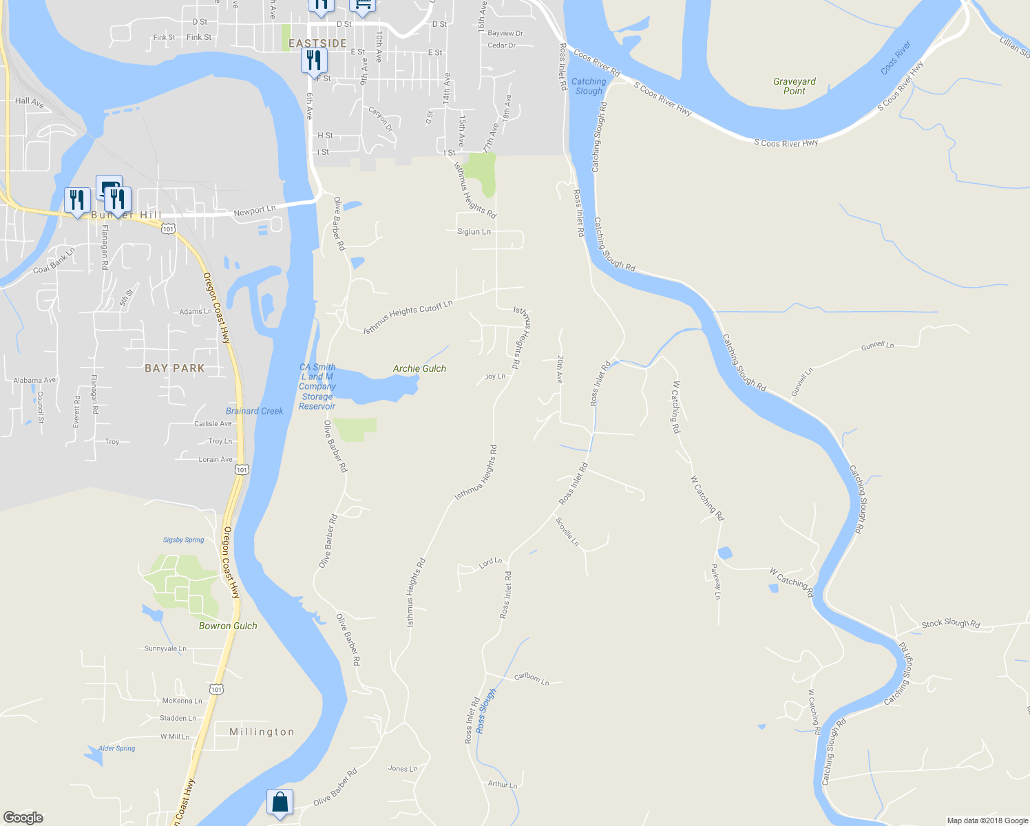 map of restaurants, bars, coffee shops, grocery stores, and more near 63345 Isthmus Heights Road in Coos Bay