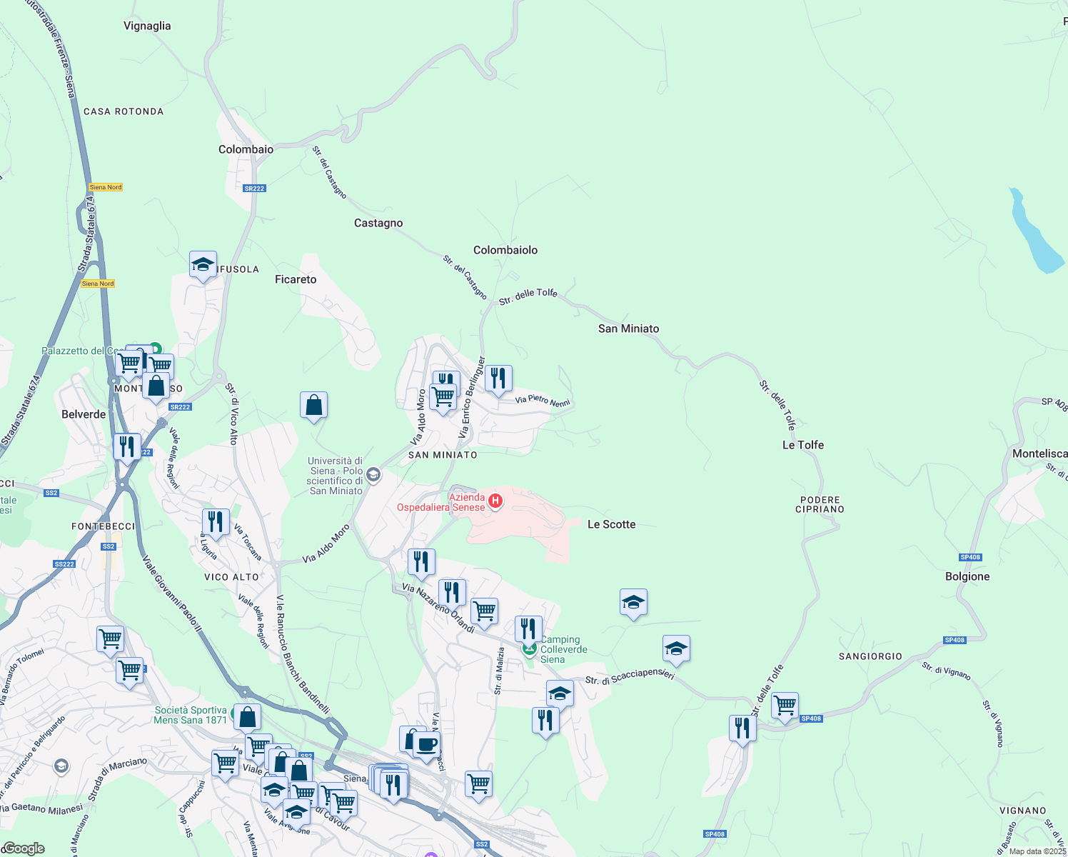 map of restaurants, bars, coffee shops, grocery stores, and more near Via Alessandro Pertini in Siena