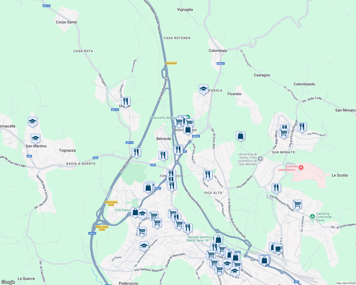 map of restaurants, bars, coffee shops, grocery stores, and more near 12 Via Toscana in Monteriggioni