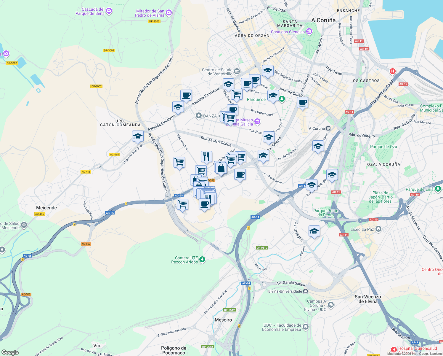 map of restaurants, bars, coffee shops, grocery stores, and more near 43 Estrada Baños de Arteixo in A Coruña