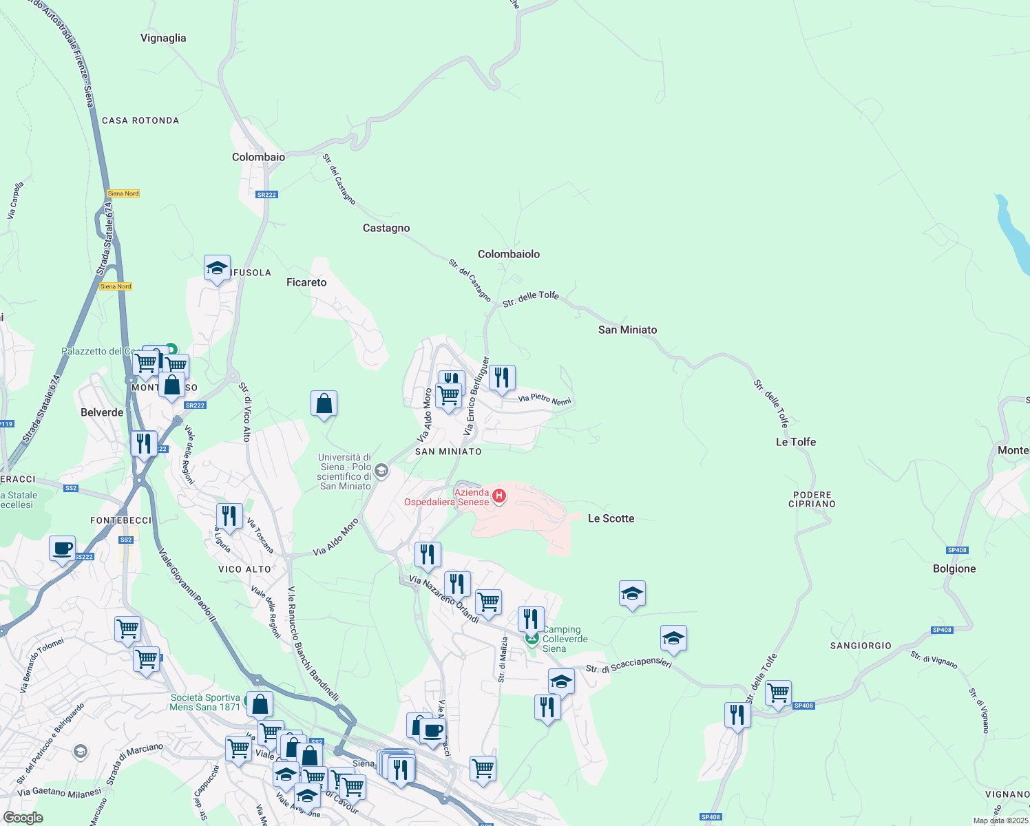 map of restaurants, bars, coffee shops, grocery stores, and more near Via Alessandro Pertini in Siena