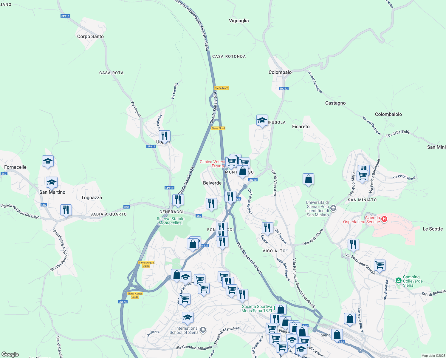 map of restaurants, bars, coffee shops, grocery stores, and more near in Provincia di Siena
