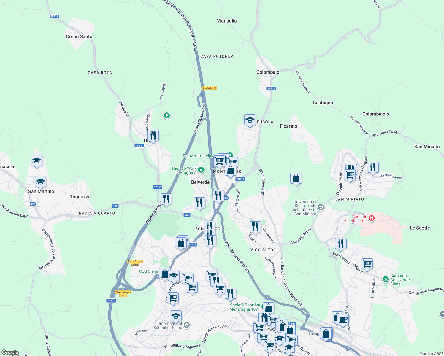 map of restaurants, bars, coffee shops, grocery stores, and more near Via Sandro Pertini in Belverde