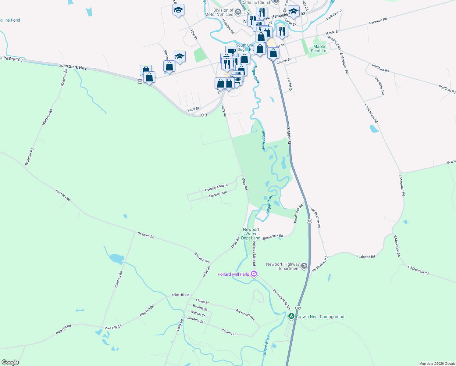 map of restaurants, bars, coffee shops, grocery stores, and more near 21 Country Club Drive in Newport