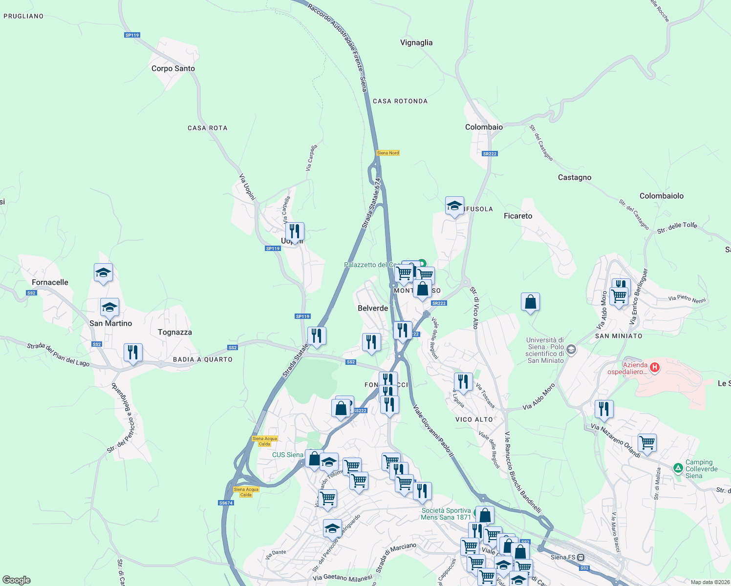 map of restaurants, bars, coffee shops, grocery stores, and more near 25 Via Val D'Aosta in Belverde