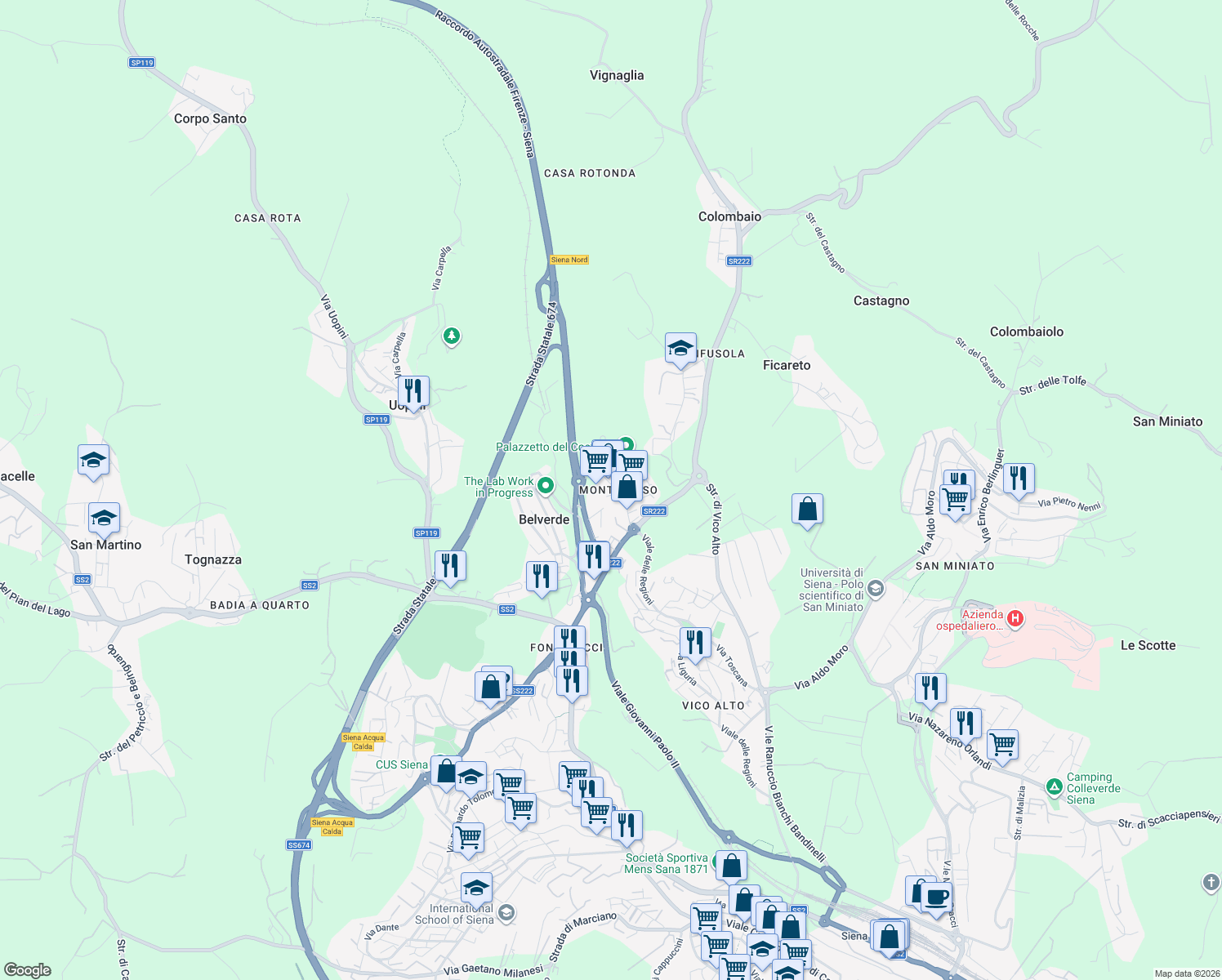 map of restaurants, bars, coffee shops, grocery stores, and more near Via Sandro Pertini in Provincia di Siena