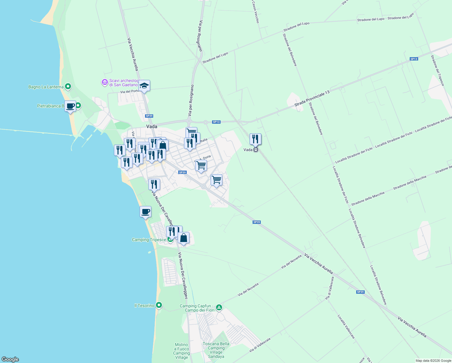 map of restaurants, bars, coffee shops, grocery stores, and more near 5 Via Leopoldo II di Lorena in Vada