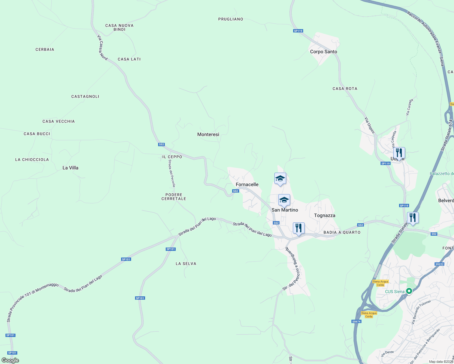 map of restaurants, bars, coffee shops, grocery stores, and more near 2 Via della Quercia in Provincia di Siena