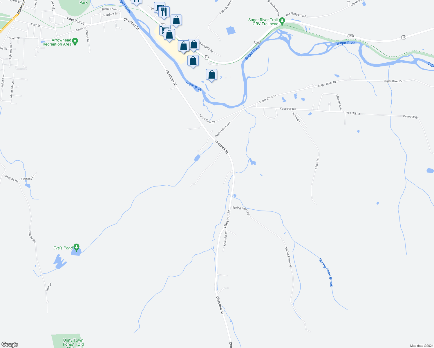 map of restaurants, bars, coffee shops, grocery stores, and more near 409 Chestnut Street in Claremont