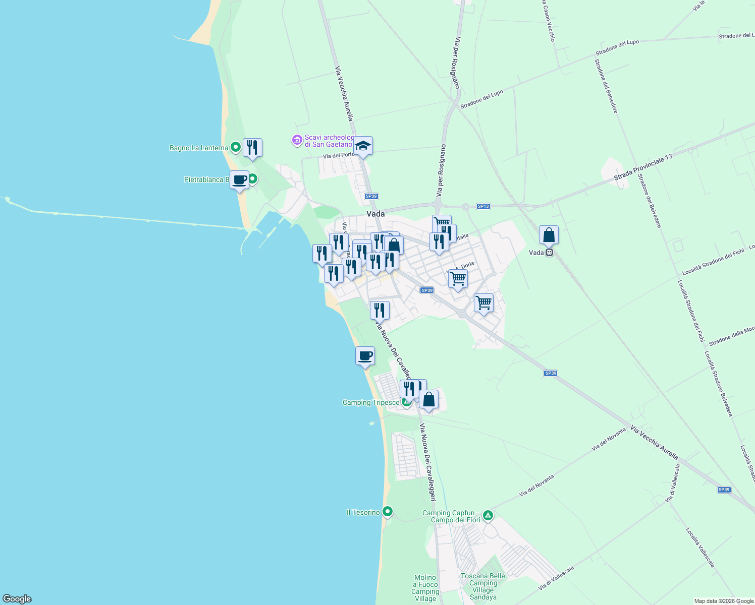 map of restaurants, bars, coffee shops, grocery stores, and more near 15 Via Nuova dei Cavalleggeri in Vada