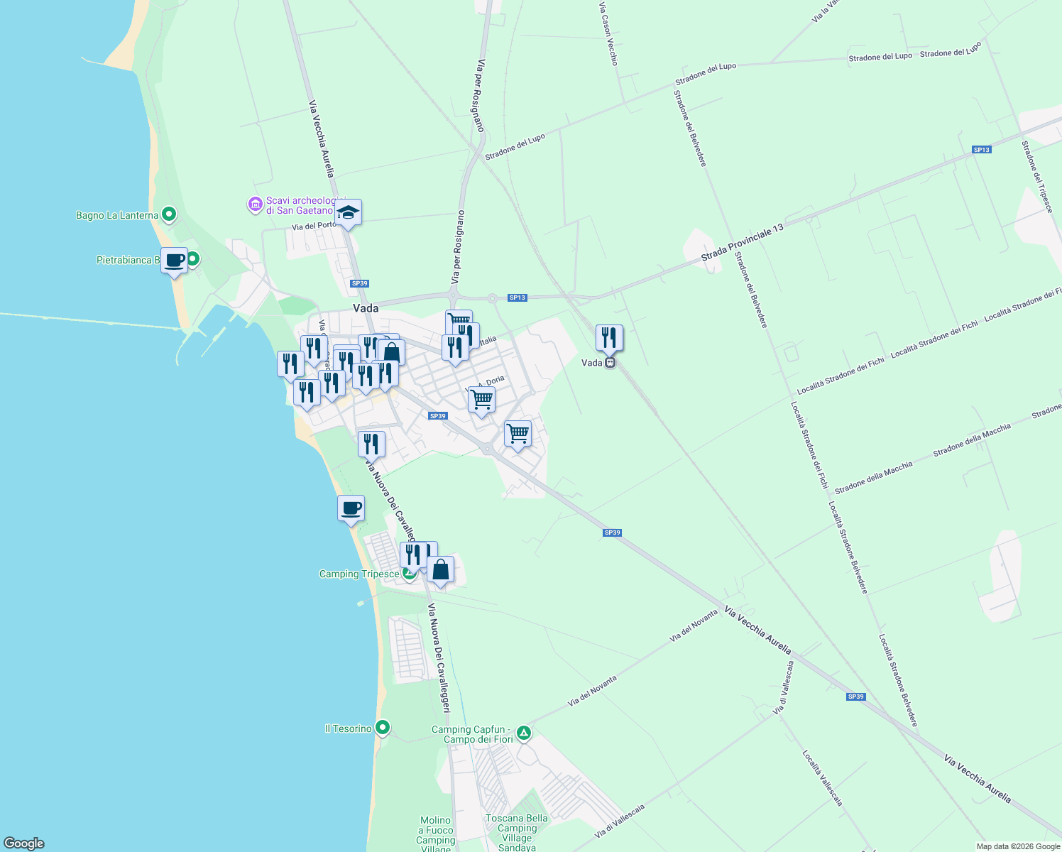 map of restaurants, bars, coffee shops, grocery stores, and more near 5 Via Leopoldo II di Lorena in Vada