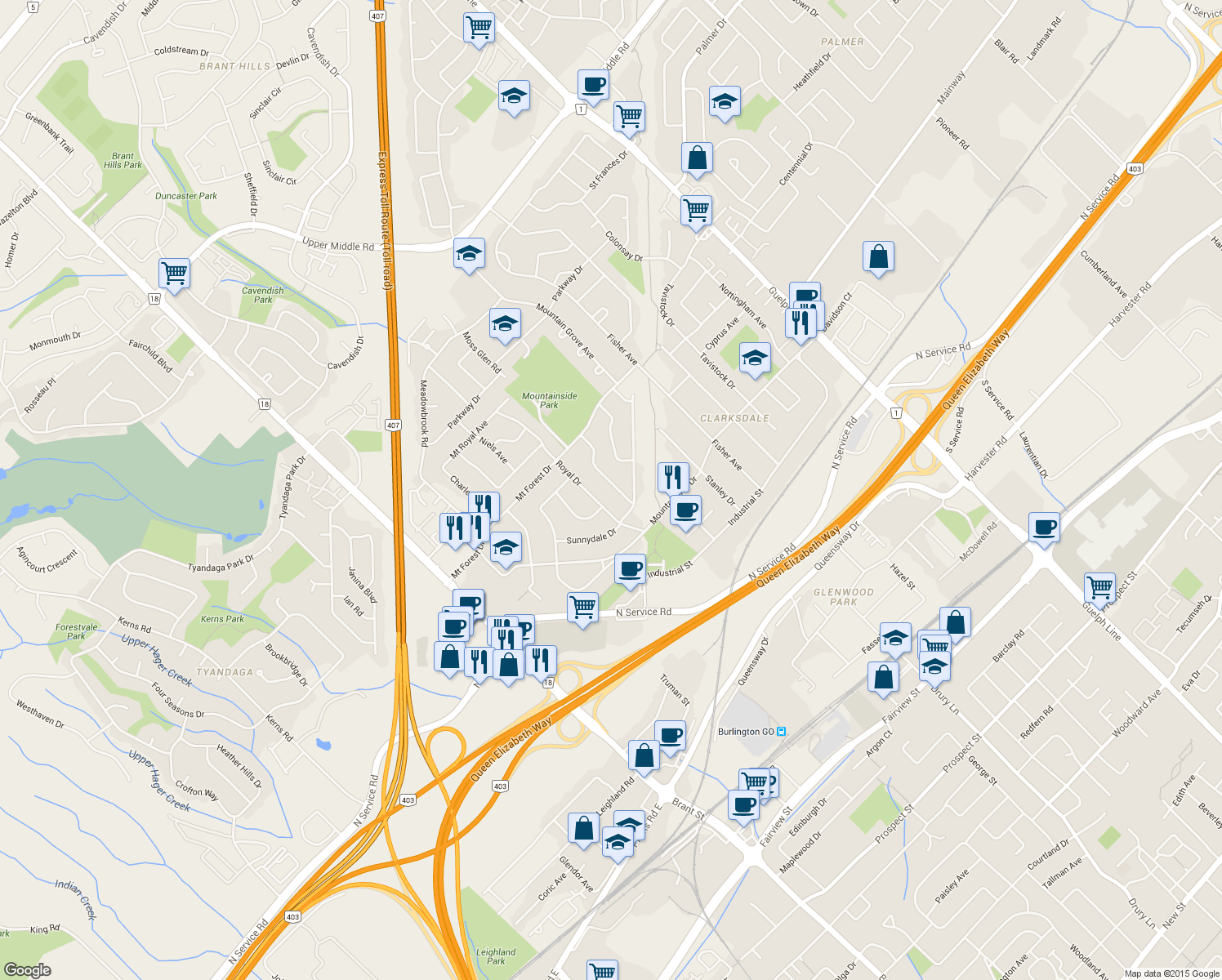 map of restaurants, bars, coffee shops, grocery stores, and more near 1250 Dunbar Road in Burlington