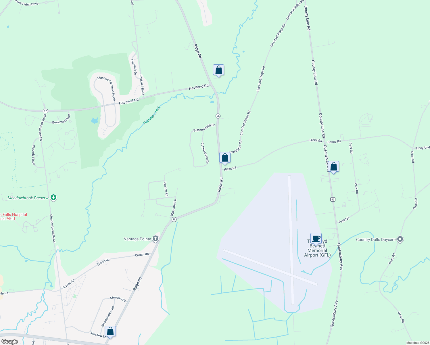 map of restaurants, bars, coffee shops, grocery stores, and more near 723 Ridge Road in Queensbury