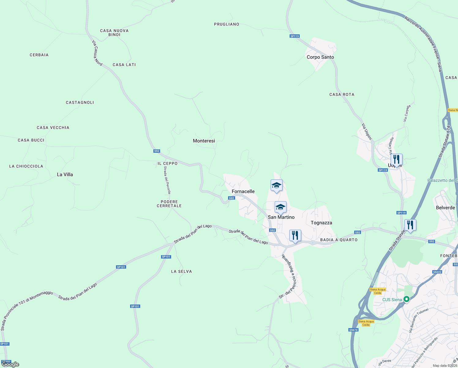 map of restaurants, bars, coffee shops, grocery stores, and more near 2 Via della Quercia in Provincia di Siena