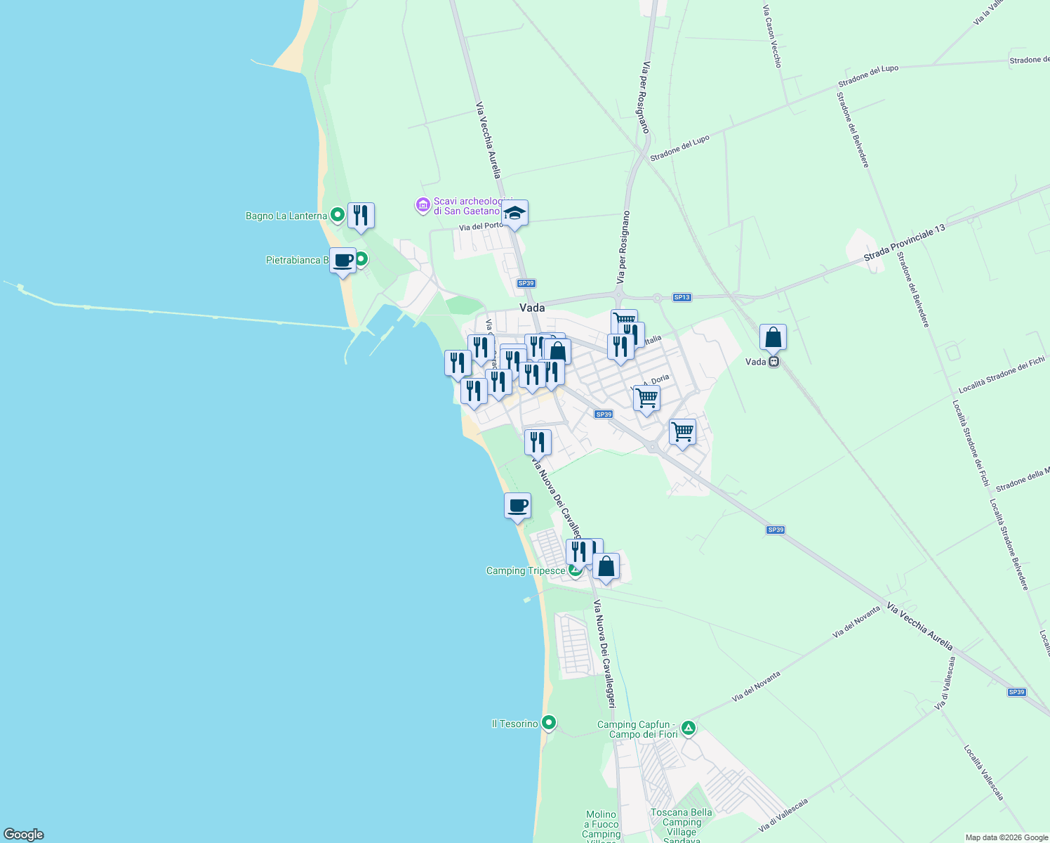 map of restaurants, bars, coffee shops, grocery stores, and more near 15 Via Nuova dei Cavalleggeri in Vada