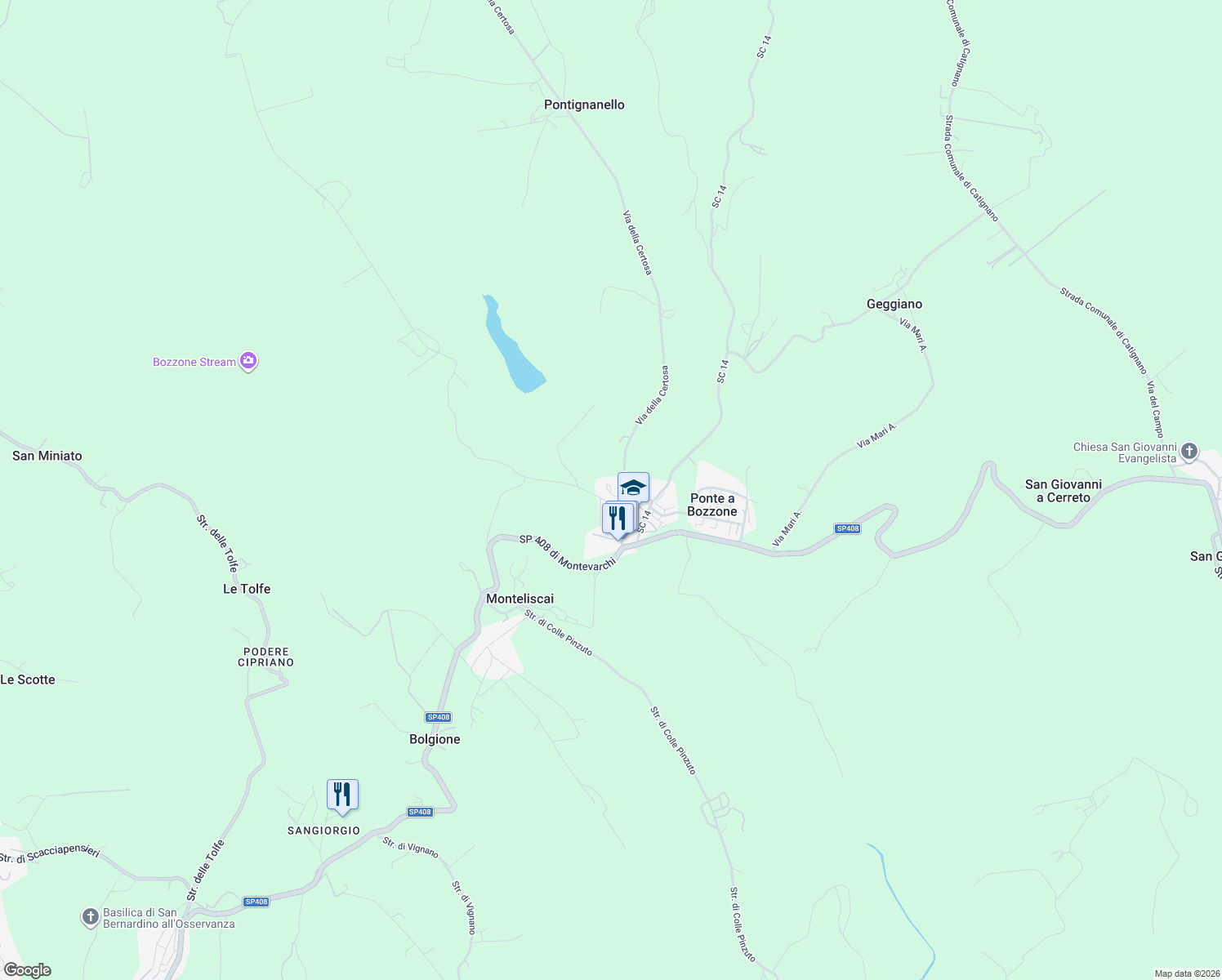 map of restaurants, bars, coffee shops, grocery stores, and more near 15 Via dell'Abate in Provincia di Siena