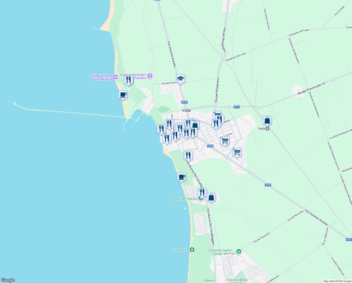 map of restaurants, bars, coffee shops, grocery stores, and more near 2B Via Capraia in Vada