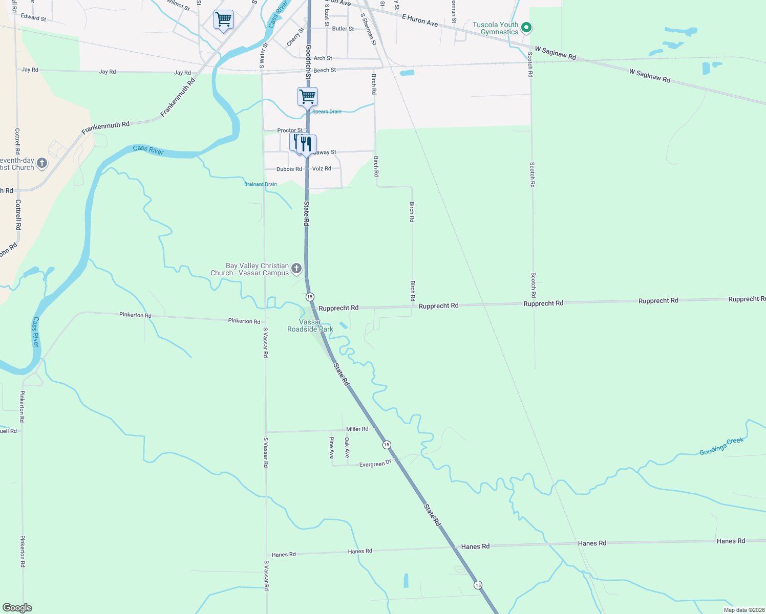 map of restaurants, bars, coffee shops, grocery stores, and more near 5866 Rupprecht Road in Vassar
