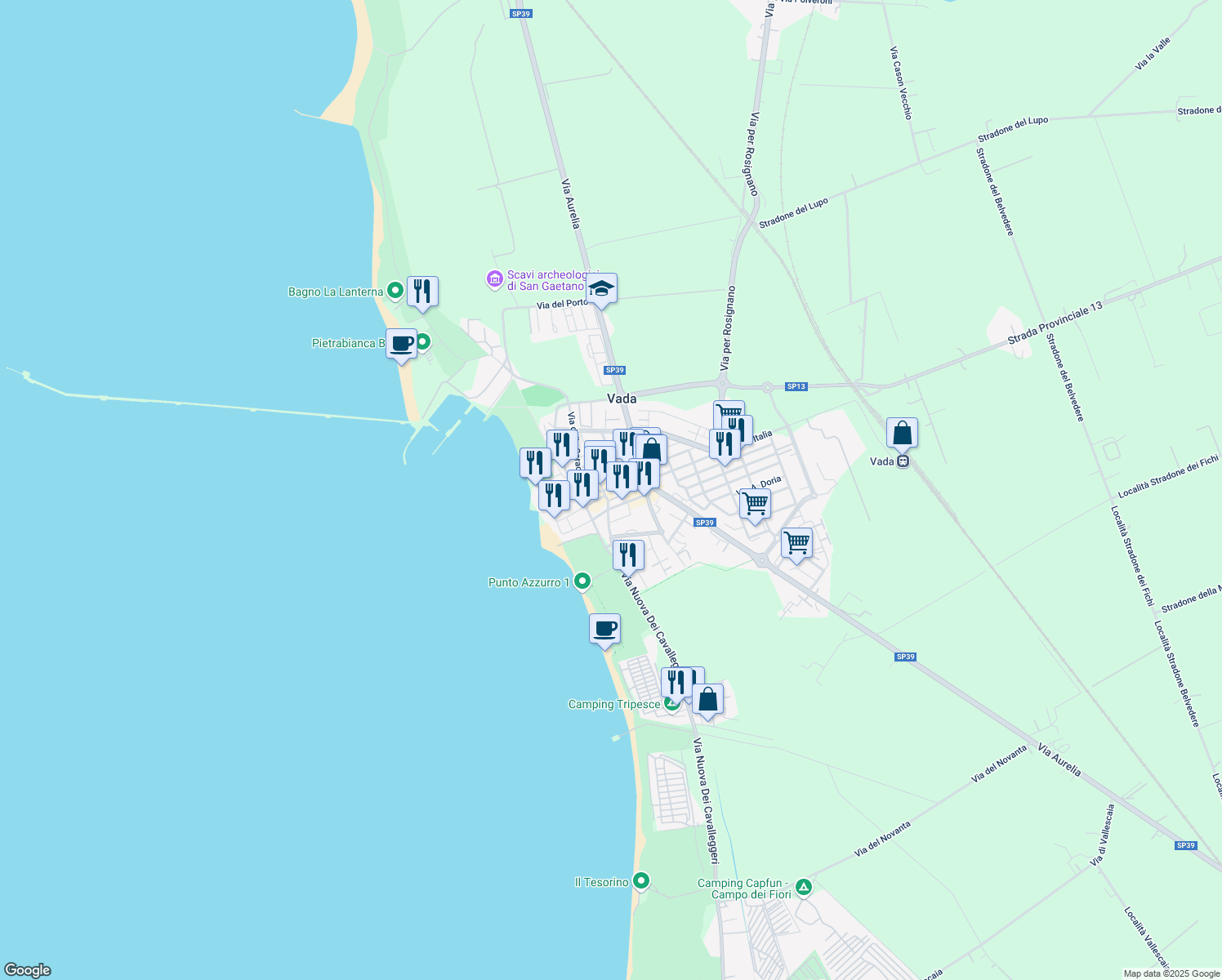 map of restaurants, bars, coffee shops, grocery stores, and more near 49 Piazza Garibaldi in Vada