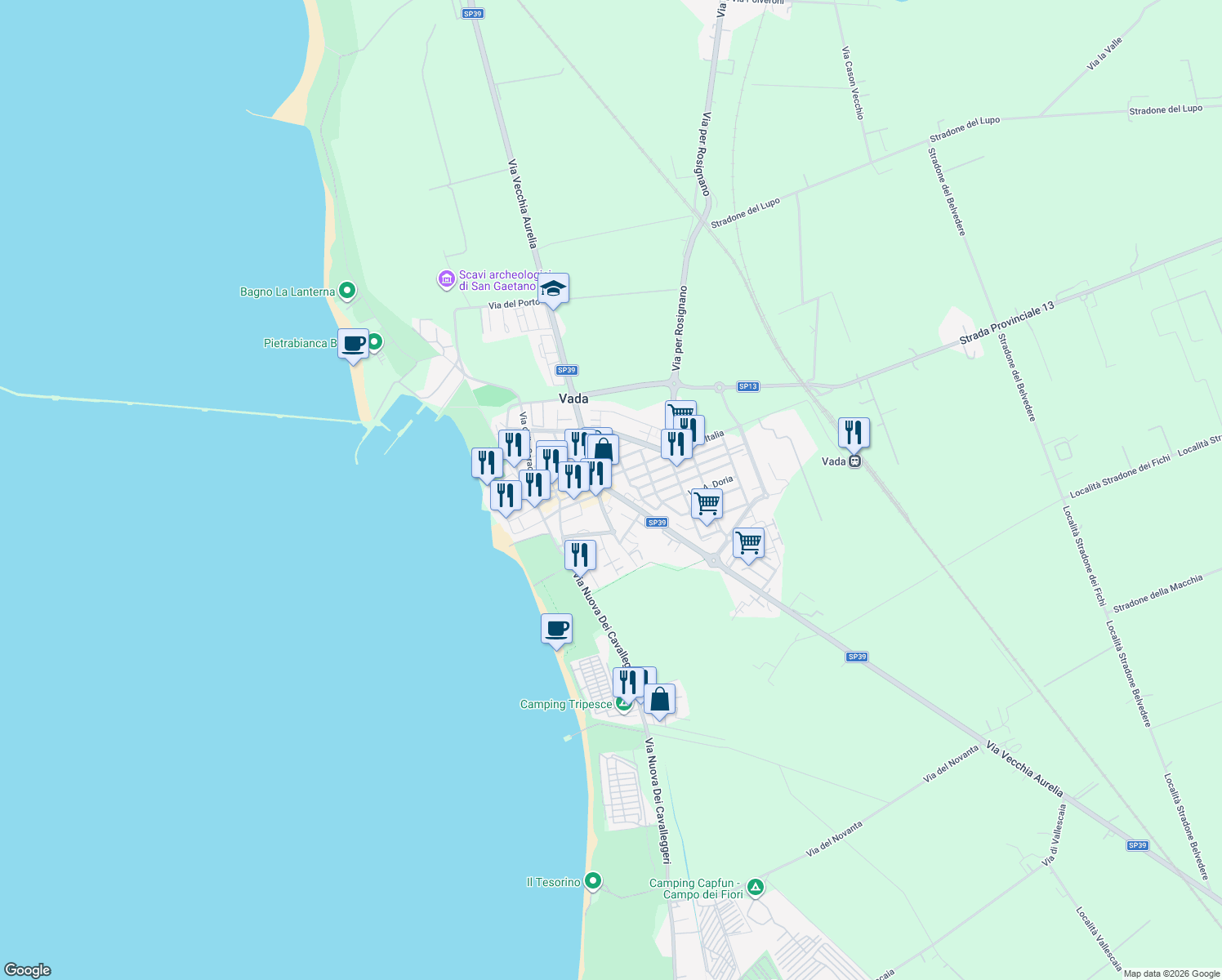 map of restaurants, bars, coffee shops, grocery stores, and more near 21 Viale Italia in Vada