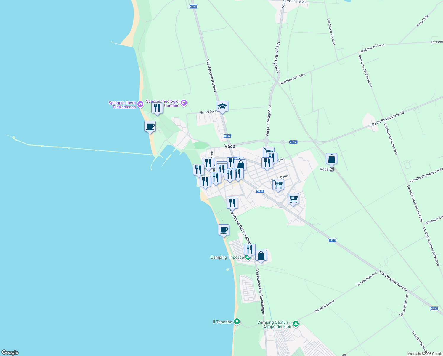 map of restaurants, bars, coffee shops, grocery stores, and more near 2B Via Capraia in Vada