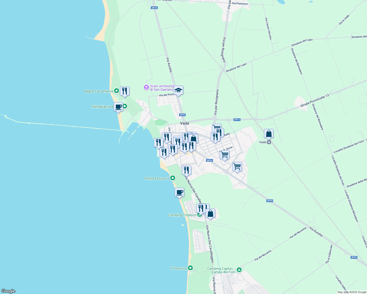 map of restaurants, bars, coffee shops, grocery stores, and more near 49 Piazza Garibaldi in Vada