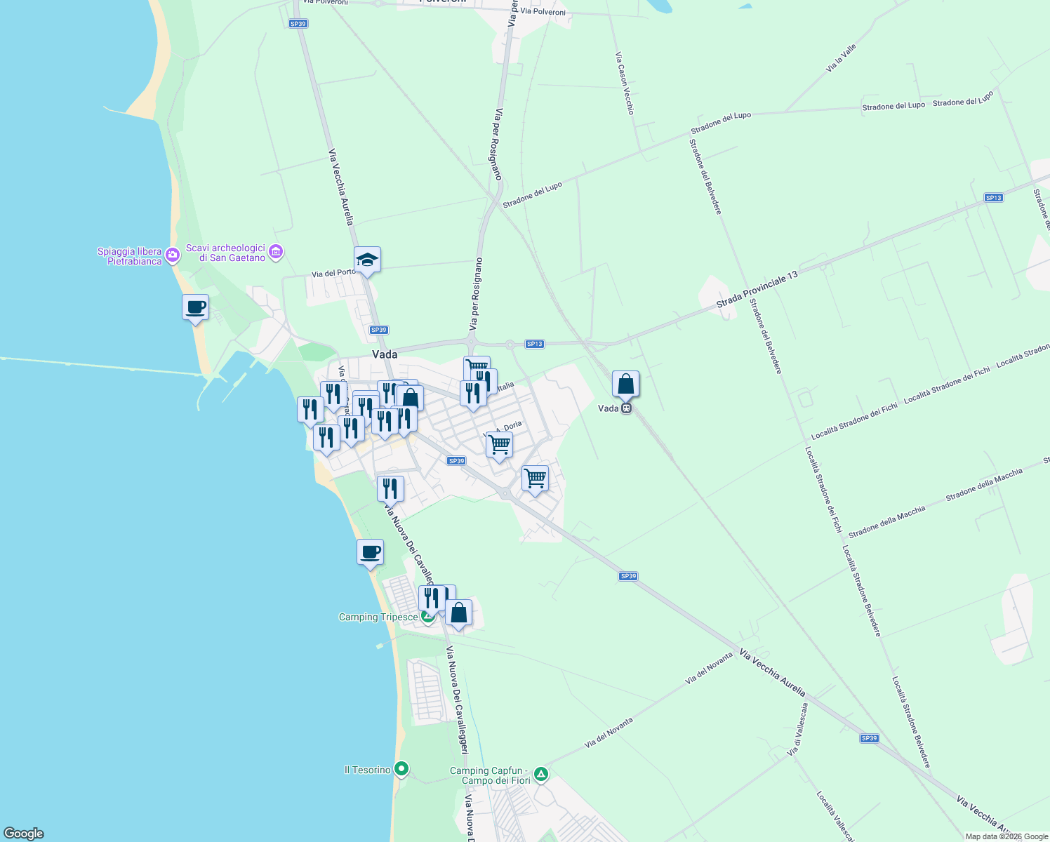 map of restaurants, bars, coffee shops, grocery stores, and more near 12 Via Pellegrino Matteucci in Vada