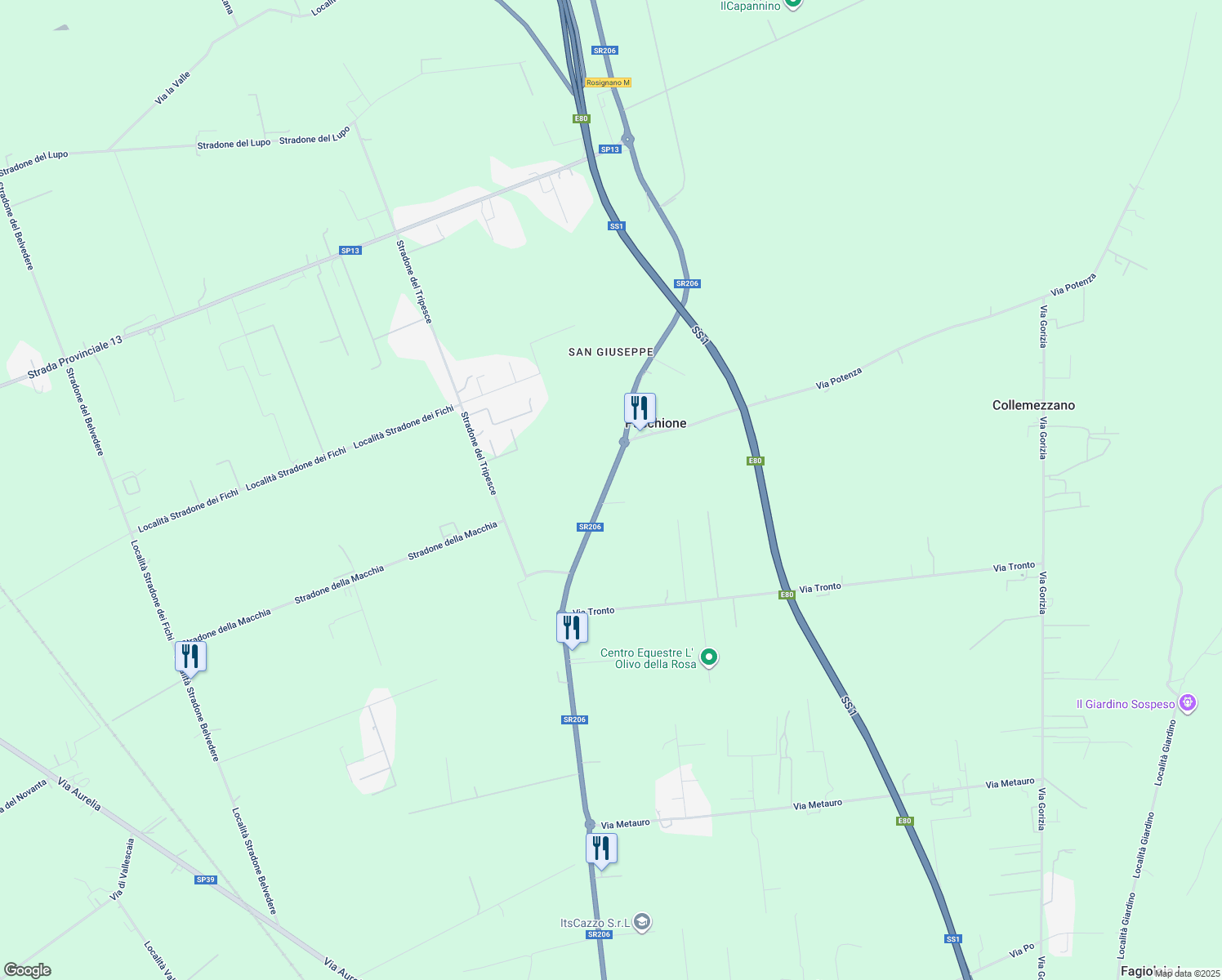 map of restaurants, bars, coffee shops, grocery stores, and more near Strada Statale 206 Emilia in Livorno