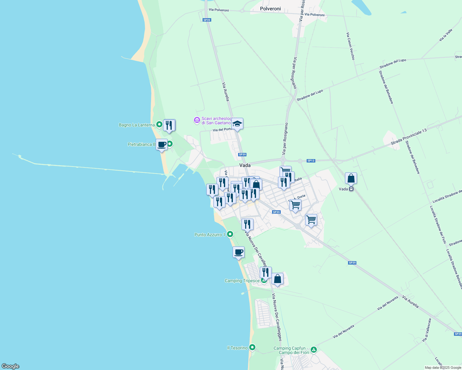 map of restaurants, bars, coffee shops, grocery stores, and more near 9 Via Isola di Pianosa in Vada