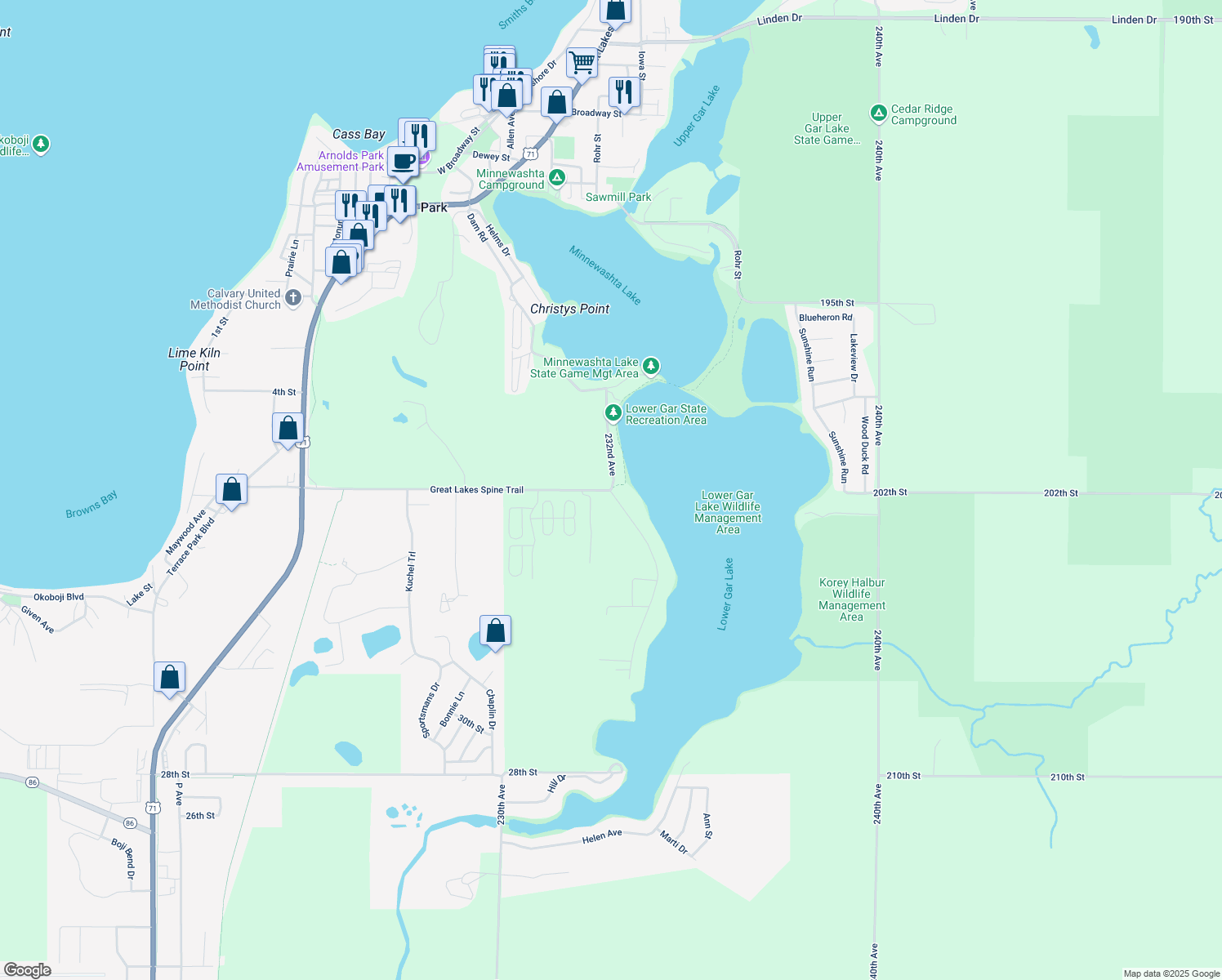 map of restaurants, bars, coffee shops, grocery stores, and more near 2098 Great Lakes Spine Trail in Arnolds Park