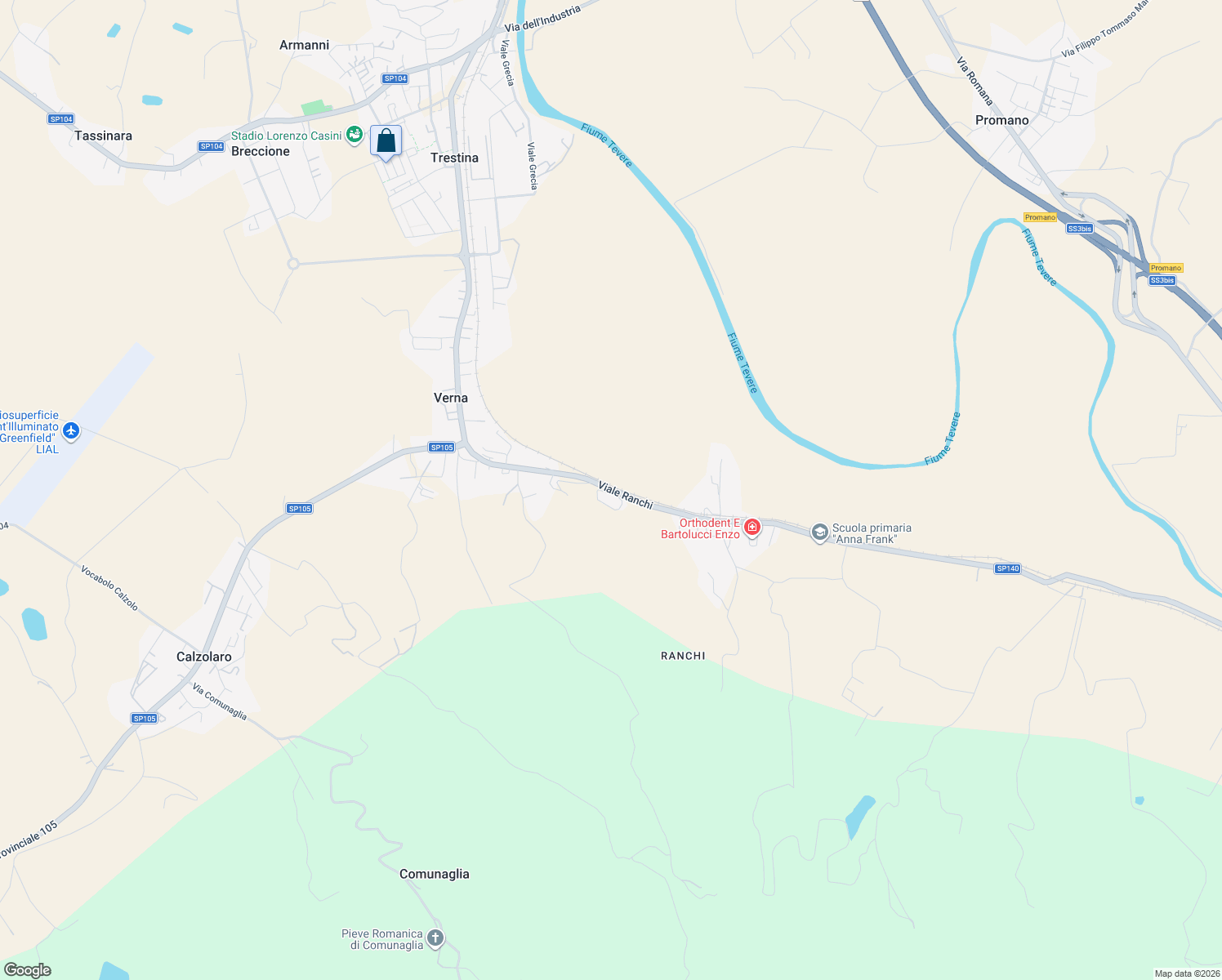 map of restaurants, bars, coffee shops, grocery stores, and more near Viale Ranchi in Verna