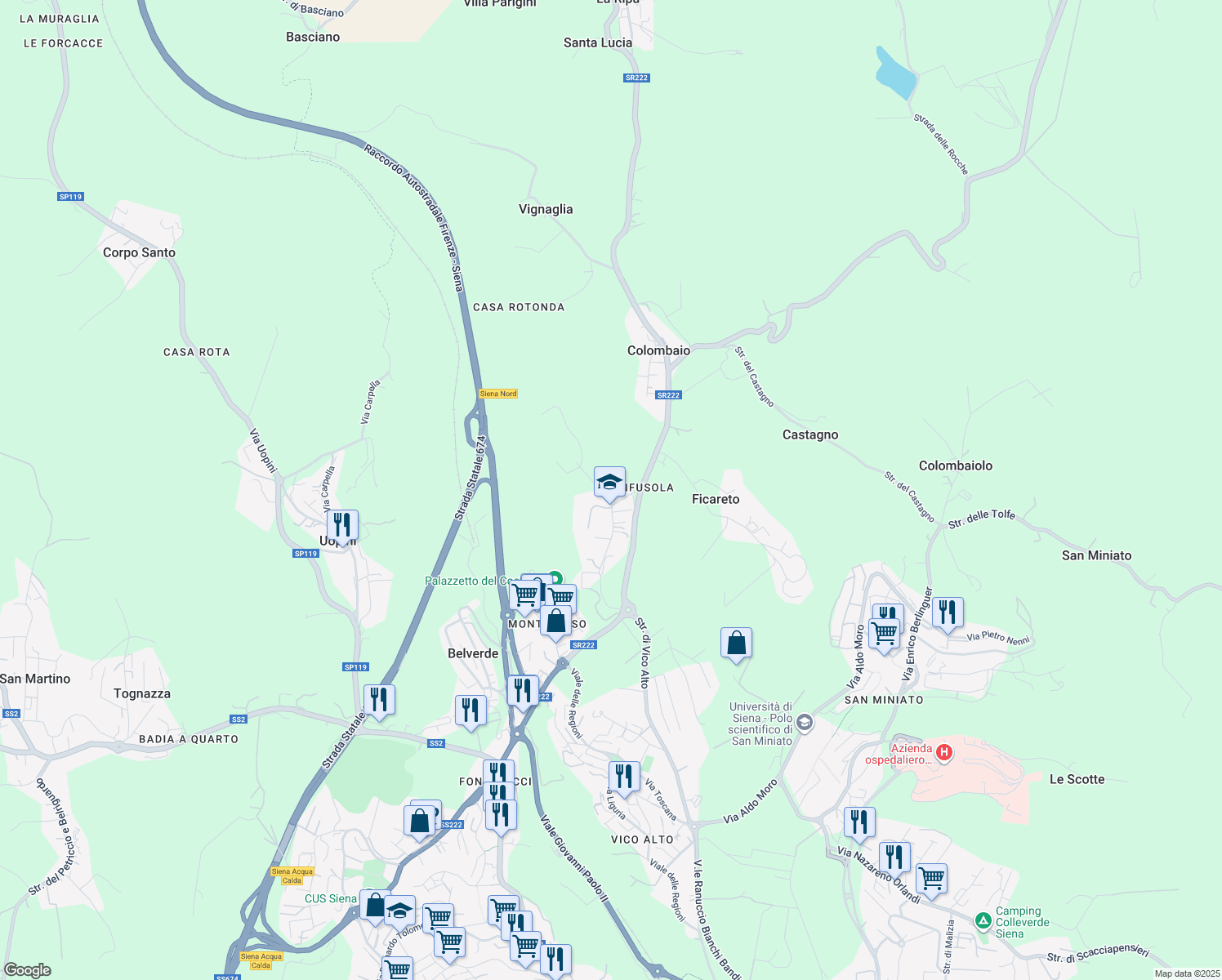 map of restaurants, bars, coffee shops, grocery stores, and more near 25 Via della Rinfusola in Monteriggioni