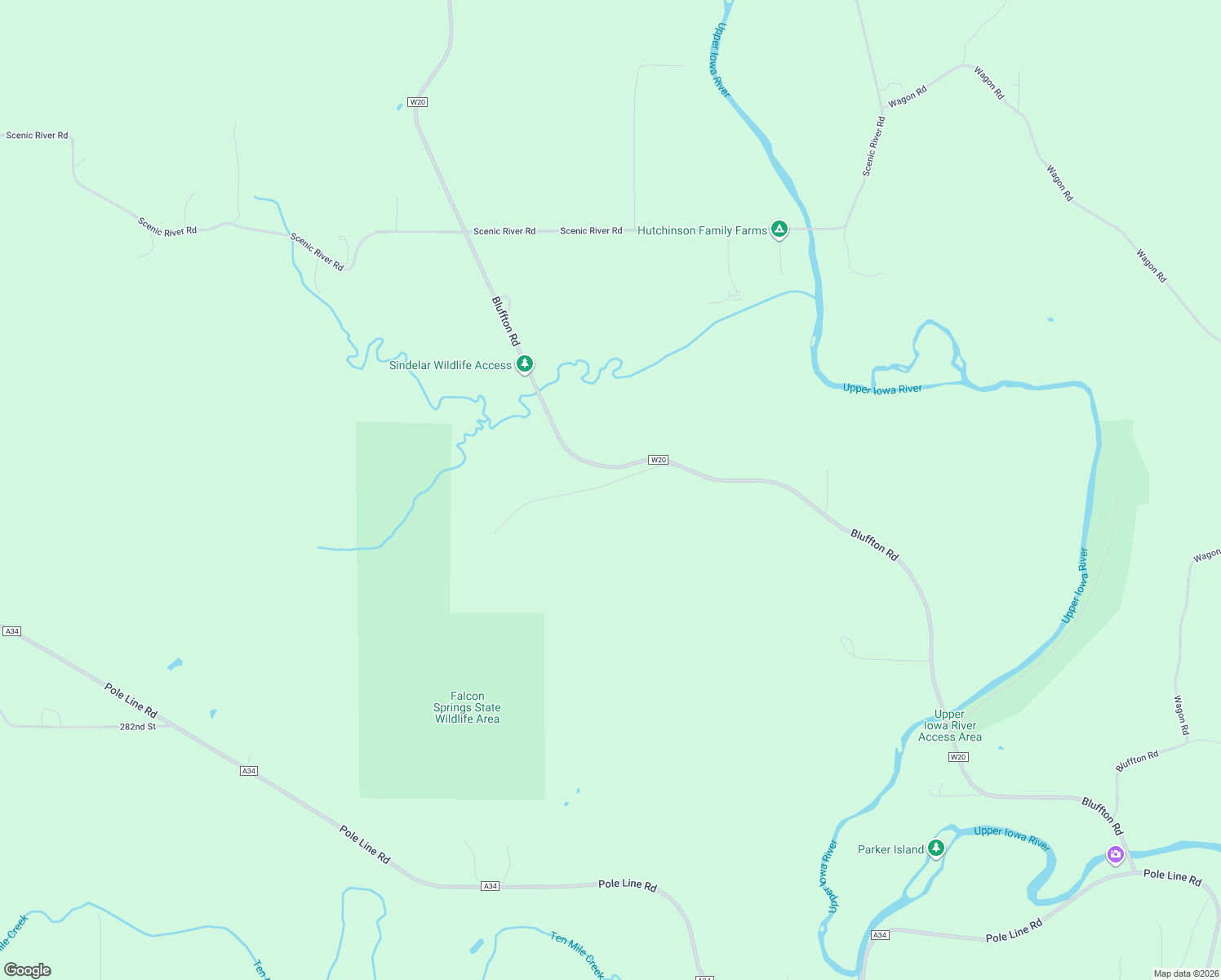 map of restaurants, bars, coffee shops, grocery stores, and more near 2895 Bluffton Road in Decorah