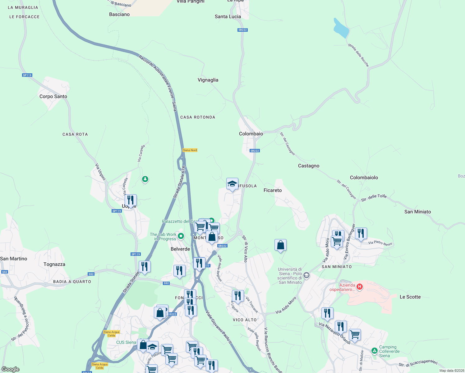 map of restaurants, bars, coffee shops, grocery stores, and more near 25 Via della Rinfusola in Monteriggioni