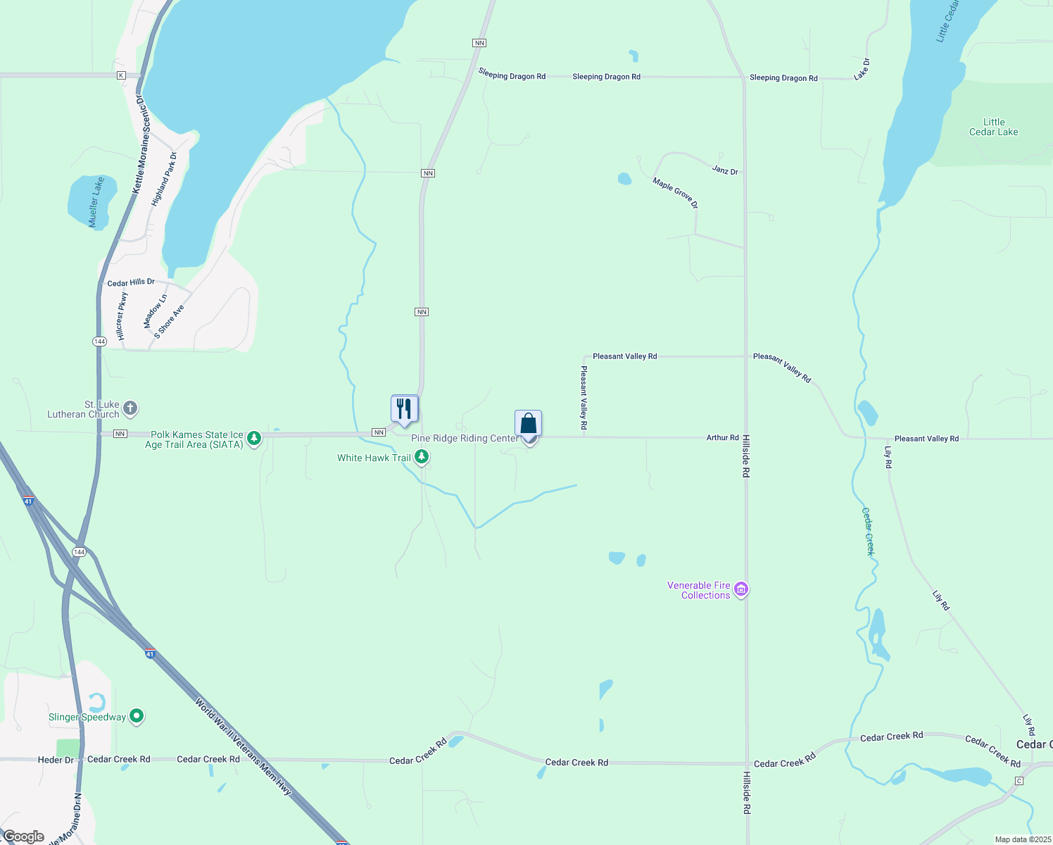 map of restaurants, bars, coffee shops, grocery stores, and more near 4370 Arthur Road in Slinger