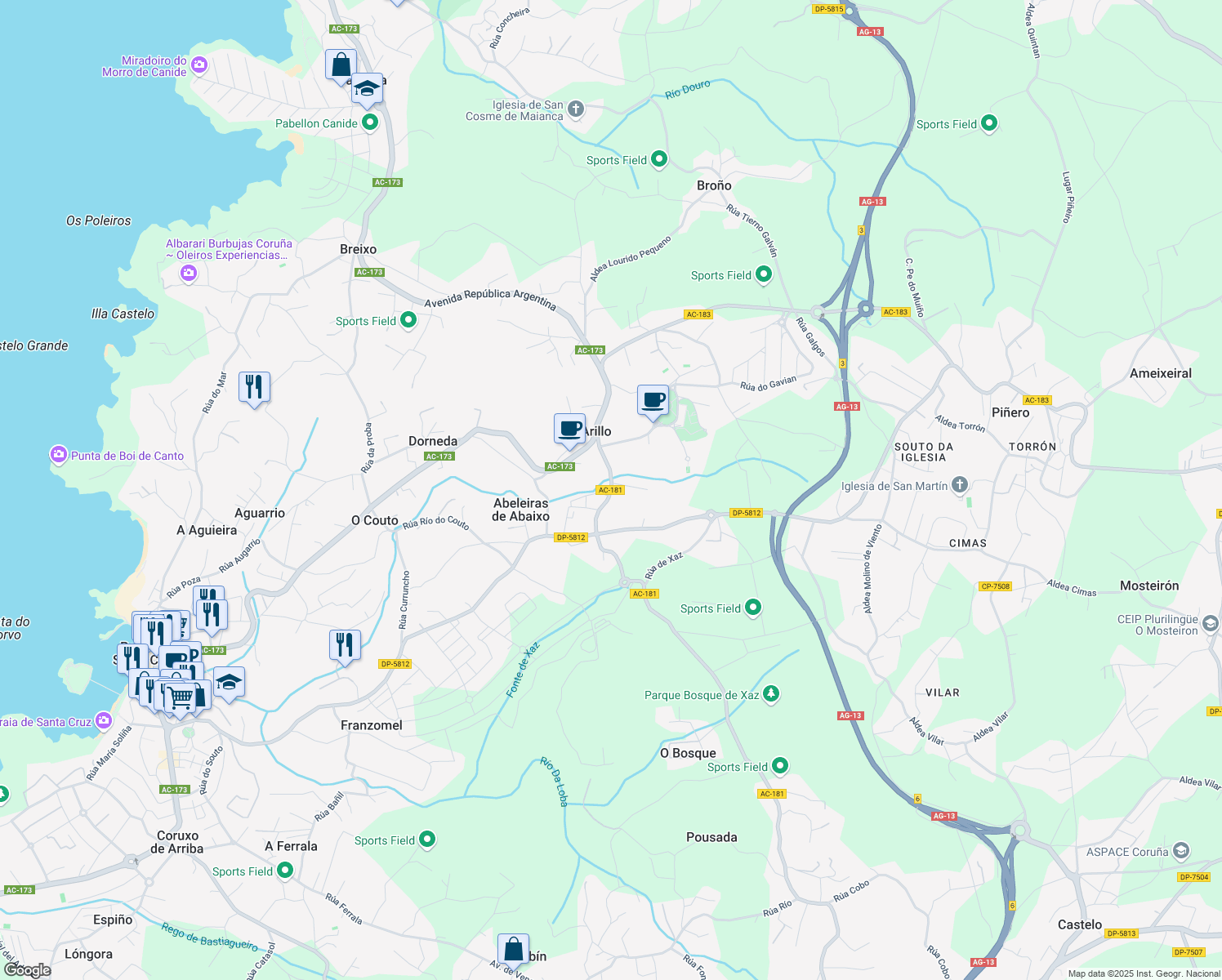 map of restaurants, bars, coffee shops, grocery stores, and more near Rúa de Abeleiras in A Coruña