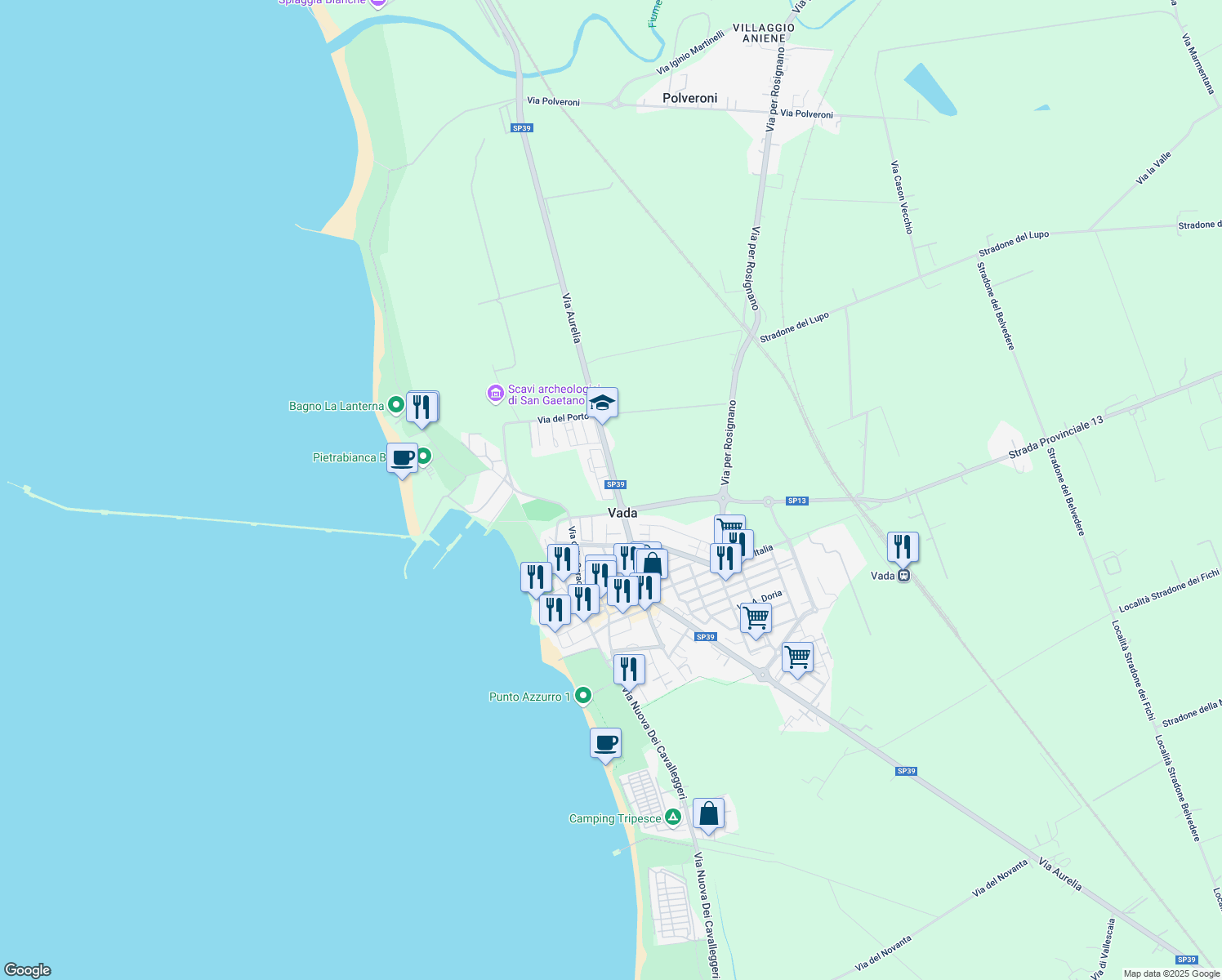 map of restaurants, bars, coffee shops, grocery stores, and more near 2A Via Giordano Bruno in Vada