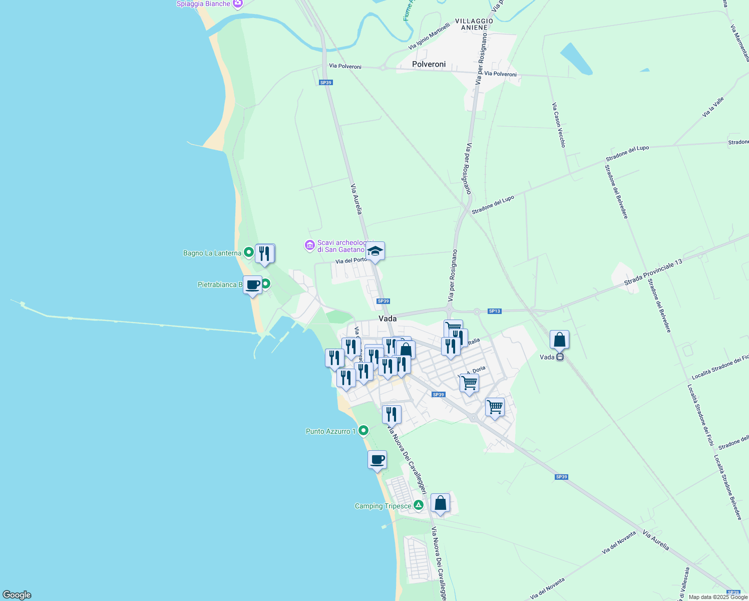 map of restaurants, bars, coffee shops, grocery stores, and more near 2A Via Giordano Bruno in Vada