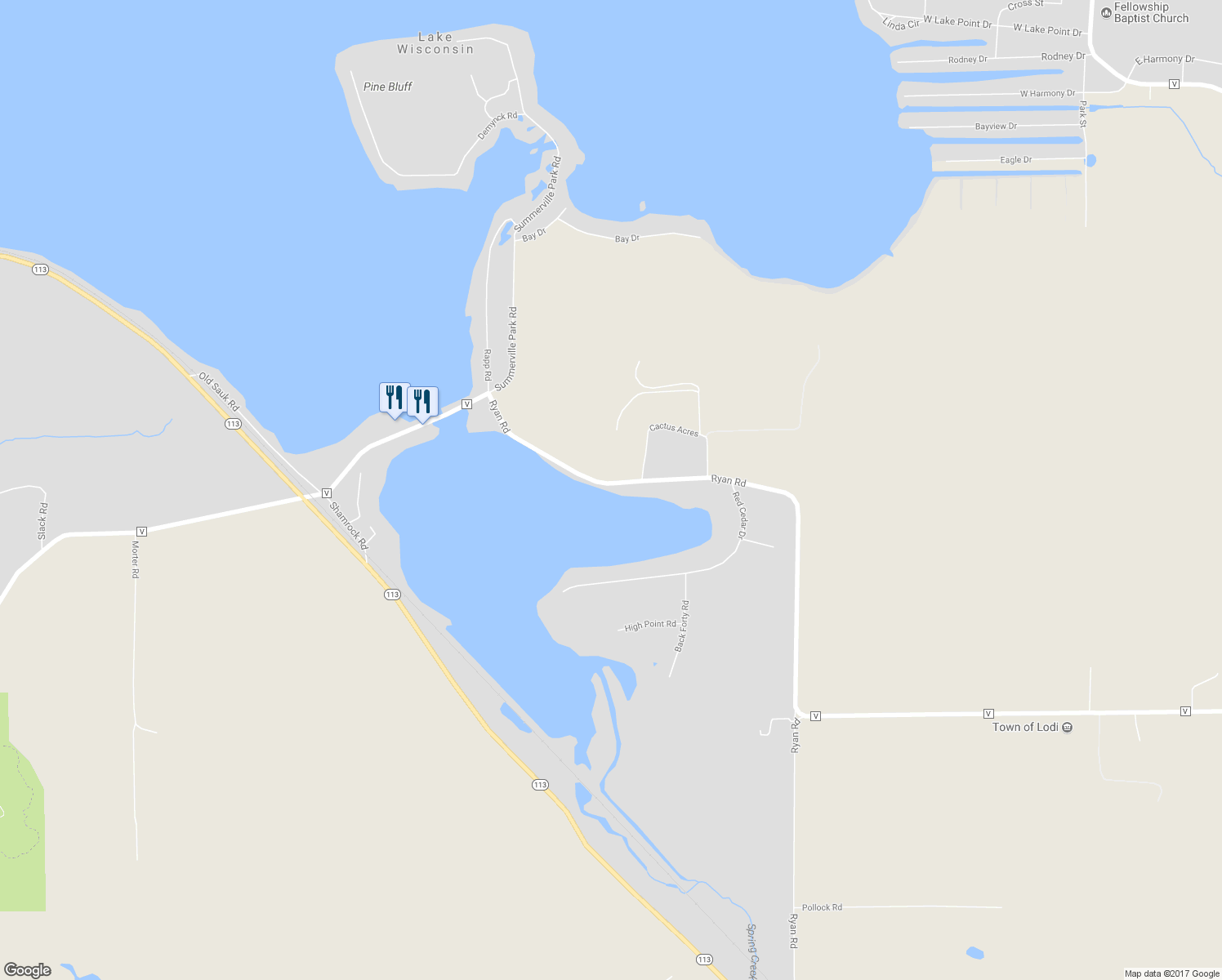 map of restaurants, bars, coffee shops, grocery stores, and more near W11357 County Road V in Lodi