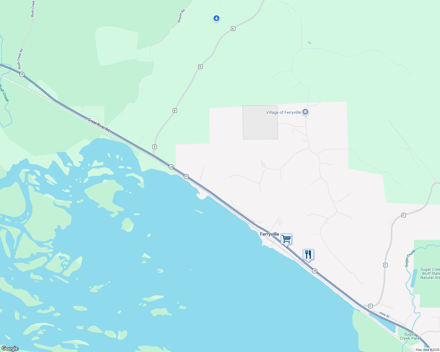 map of restaurants, bars, coffee shops, grocery stores, and more near 62357 Big Buck Point in Ferryville