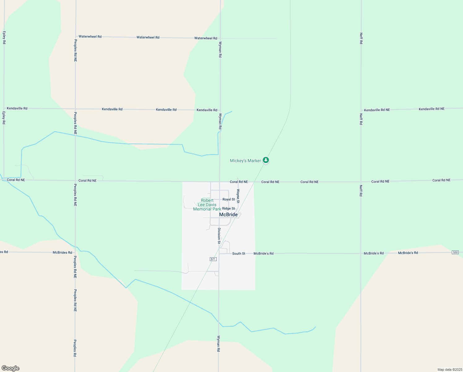 map of restaurants, bars, coffee shops, grocery stores, and more near 2072 Coral Road Northeast in McBride