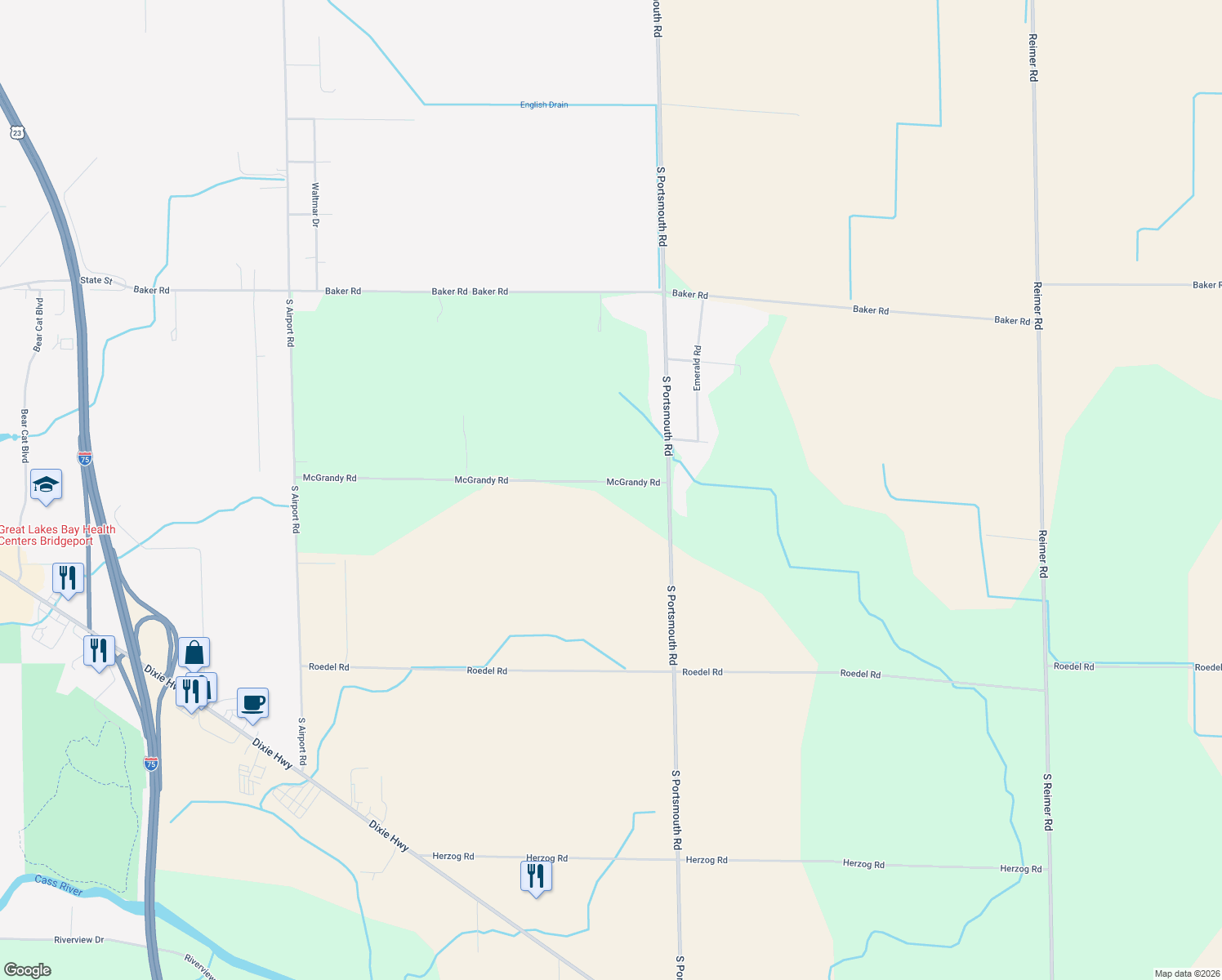 map of restaurants, bars, coffee shops, grocery stores, and more near 5844 McGrandy Road in Bridgeport Charter Township